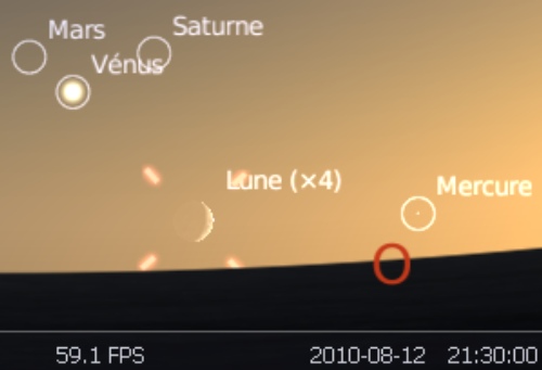 Observez le très fin croissant lunaire en rapprochement avec la planète Mercure