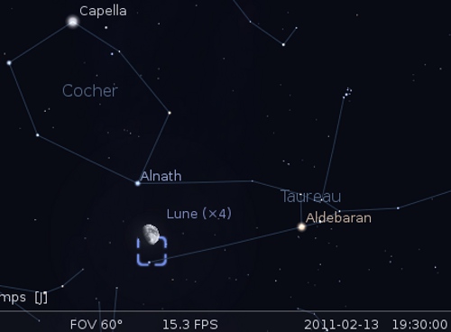 La Lune en rapprochement avec l'étoile Alnath et la nébuleuse du Crabe