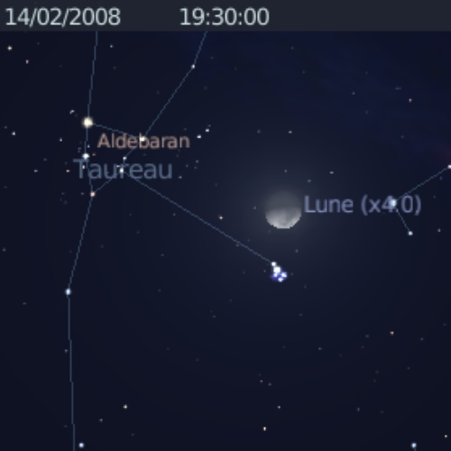 La Lune est en rapprochement avec les Pléiades et l'étoile Aldébaran