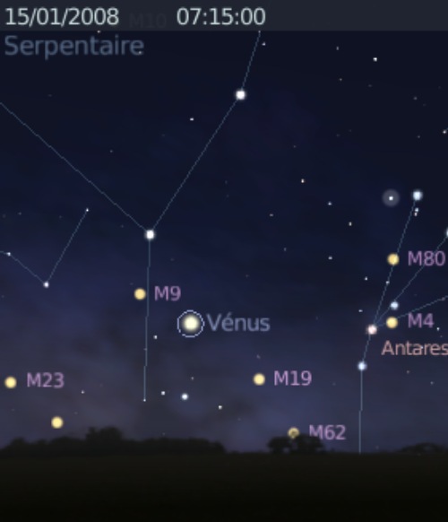 La planète Vénus est proche des amas globulaires M9 et M19