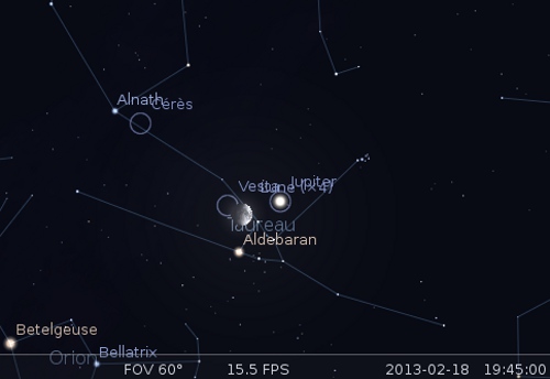 La Lune en rapprochement avec Jupiter, Vesta et Aldébaran