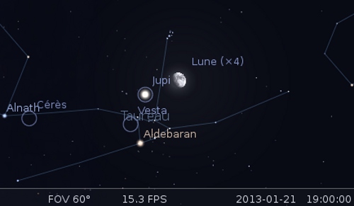 La lune en rapprochement avec l'amas des Pléiades et Jupiter