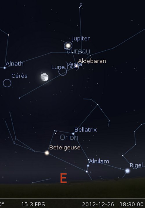 La Lune en rapprochement avec Vesta et Aldébaran