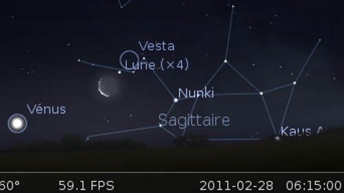 La Lune en rapprochement avec l'étoile Nunki et la planète naine Vesta