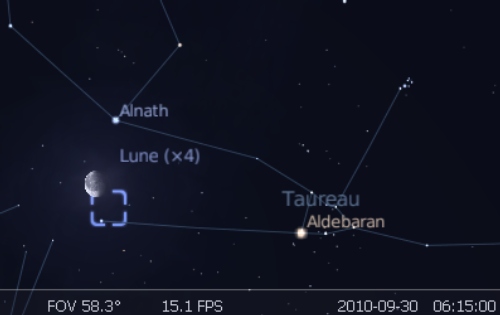 La Lune est en rapprochement avec l'étoile Anath et la nébuleuse du Crabe
