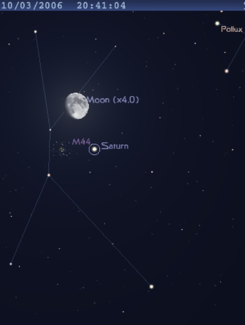 La Lune est en conjonction avec la planète Saturne et proche de l'amas de la Crèche (M44)