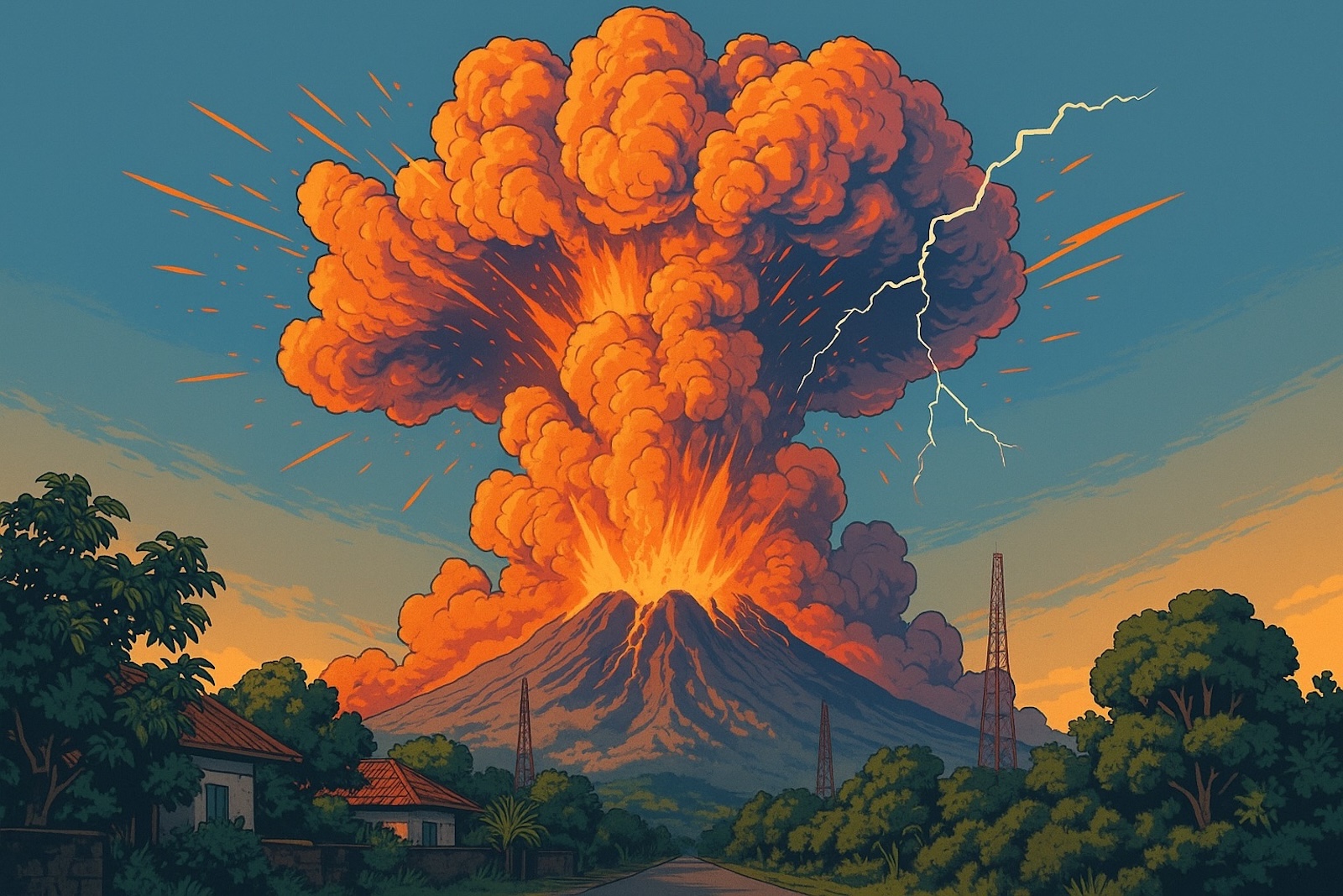 Dessin représentant l'éruption du Lewotobi le 17 juin 2025. © LL, image générée avec AI ChatGPT