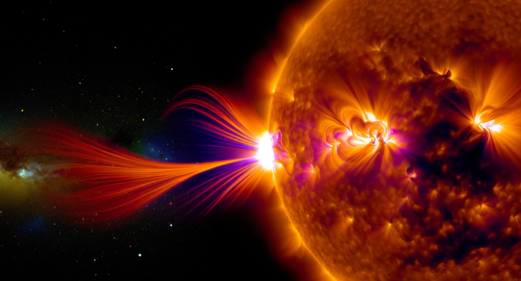 Une éruption solaire majeure connectée magnétiquement avec la Terre. © XD, Futura avec DALL-E