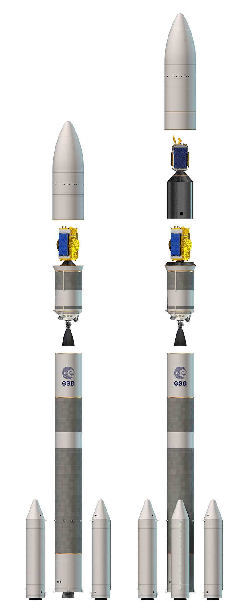 Les deux lanceurs de la famille Ariane 6 ont été officialisés en décembre 2014. Il existe la version à deux boosters (ou propulseurs d'appoint), destinée aux satellites institutionnels, et la version à quatre boosters, pour les marchés commerciaux. © Esa, D. Ducros
