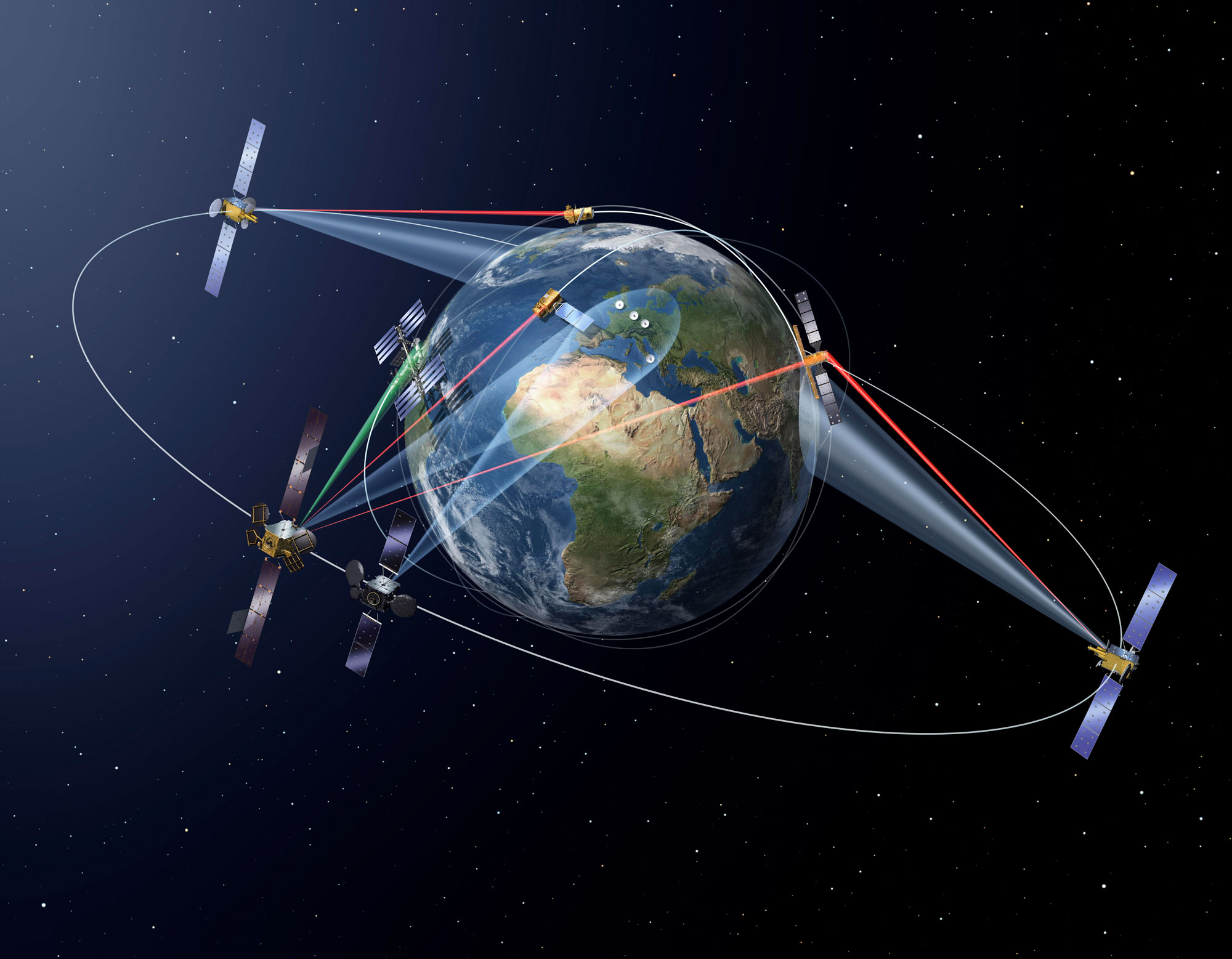 L'autoroute spatiale de la donnée, ou SpaceDataHighway, fonctionnera de la manière suivante : un terminal laser en orbite géostationnaire sera utilisé pour relayer vers la terre ferme des données acquises par un satellite en orbite basse. © Esa