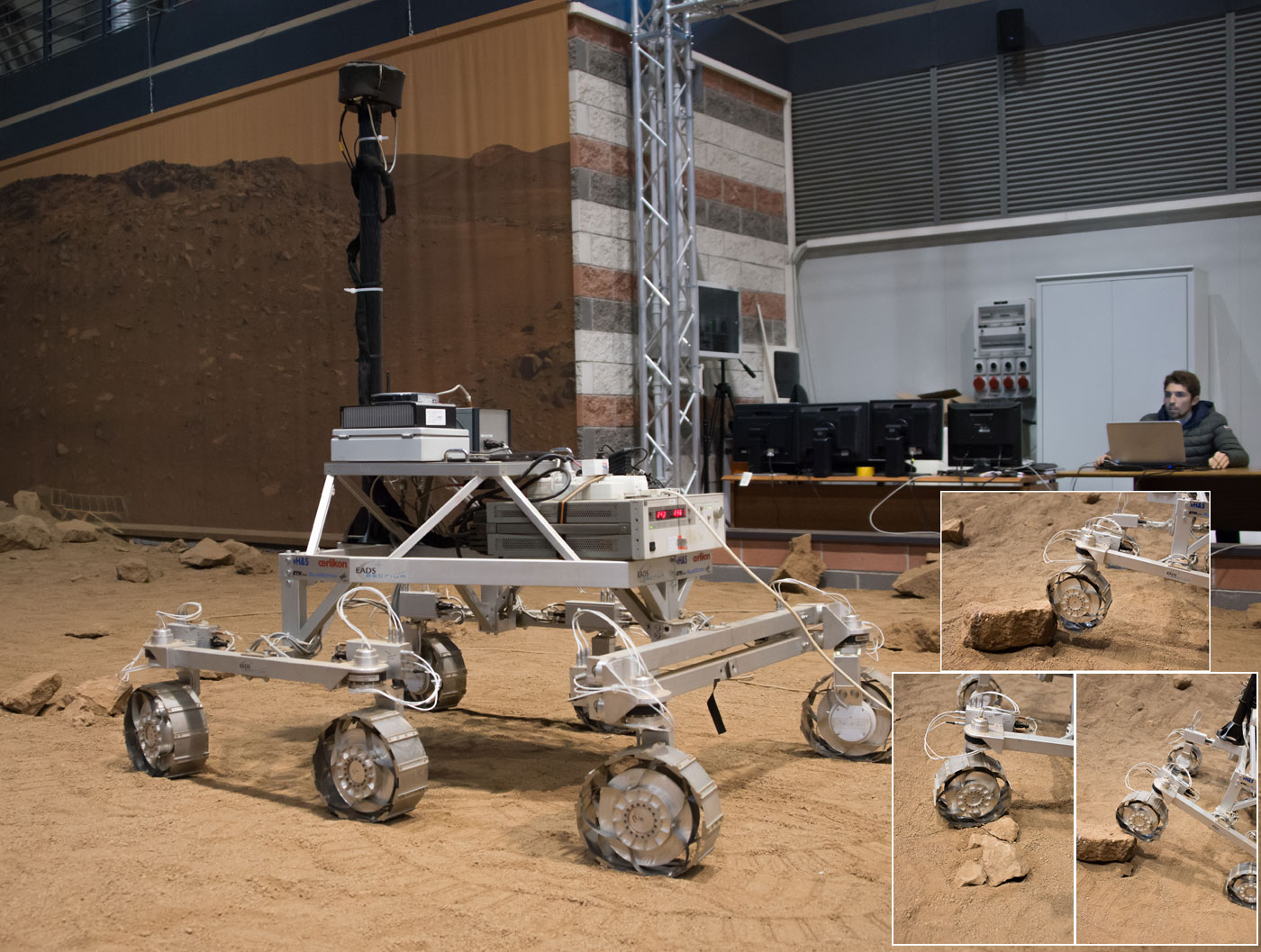 Essais de franchissement et de bonne tenue des roues du rover d'ExoMars 2018. Le robot utilisé ici n'est bien sûr pas celui qui s'envolera vers Mars. Néanmoins, il utilise le système de locomotion d'ExoMars 2018 et est représentatif du vrai rover pour les performances attendues sur Mars, la taille, la masse et le centre de gravité. © Rémy Decourt