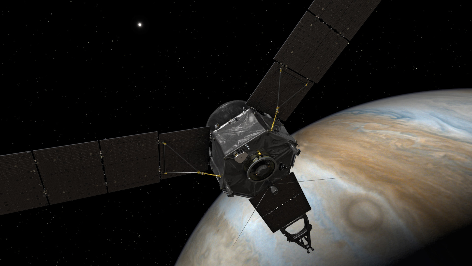 Après un voyage de 2,7 milliards de kilomètres, la sonde Juno de la Nasa s'est mise en orbite autour de Jupiter pour une mission qui se terminera en février 2018. © Nasa, JPL