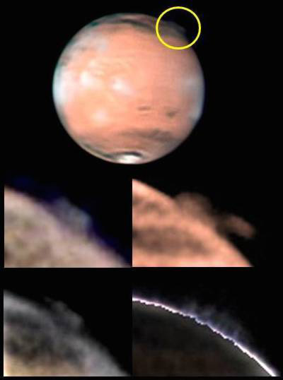 Les panaches énigmatiques de Mars pourraient être des nuages de glace d'eau, de cristaux de dioxyde de carbone, ou bien encore de poussière. Leur altitude élevée reste une énigme. © Esa, Nasa, Hubble Science Team