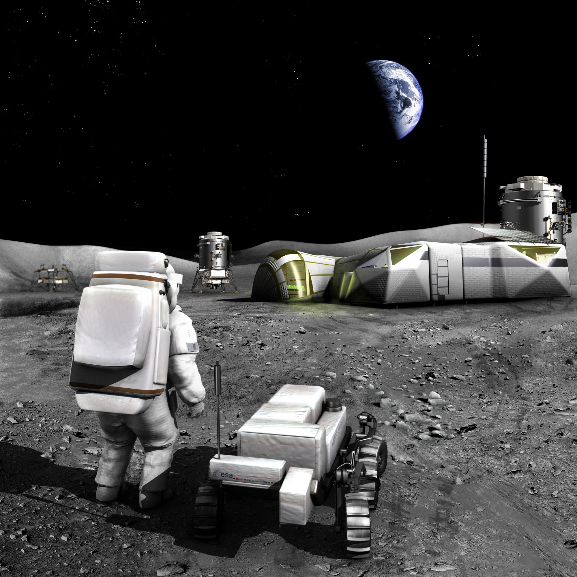 Un des scénarios envisagés par l'Agence spatiale européenne, en 2006, de ce qu'aurait pu être l'exploration robotique et humaine de la Lune. © Esa, Medialab