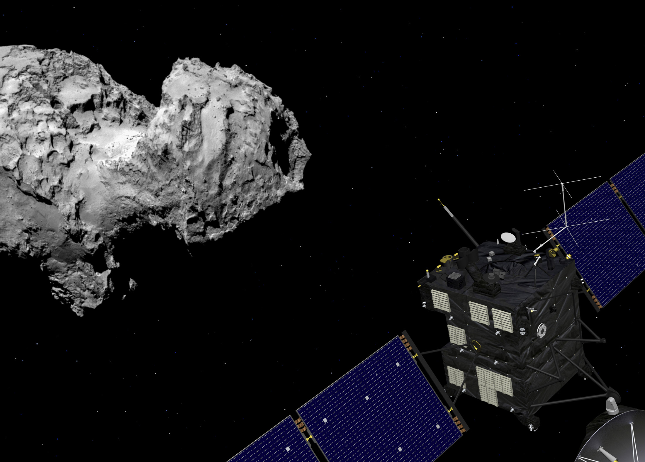 Vue d'artiste de la sonde Rosetta et de la comète Churyumov-Gerasimenko, alias Tchouri. © Rosetta : Esa–J. Huart, 2014 ; Comète : Esa, Rosetta, MPS for Osiris Team