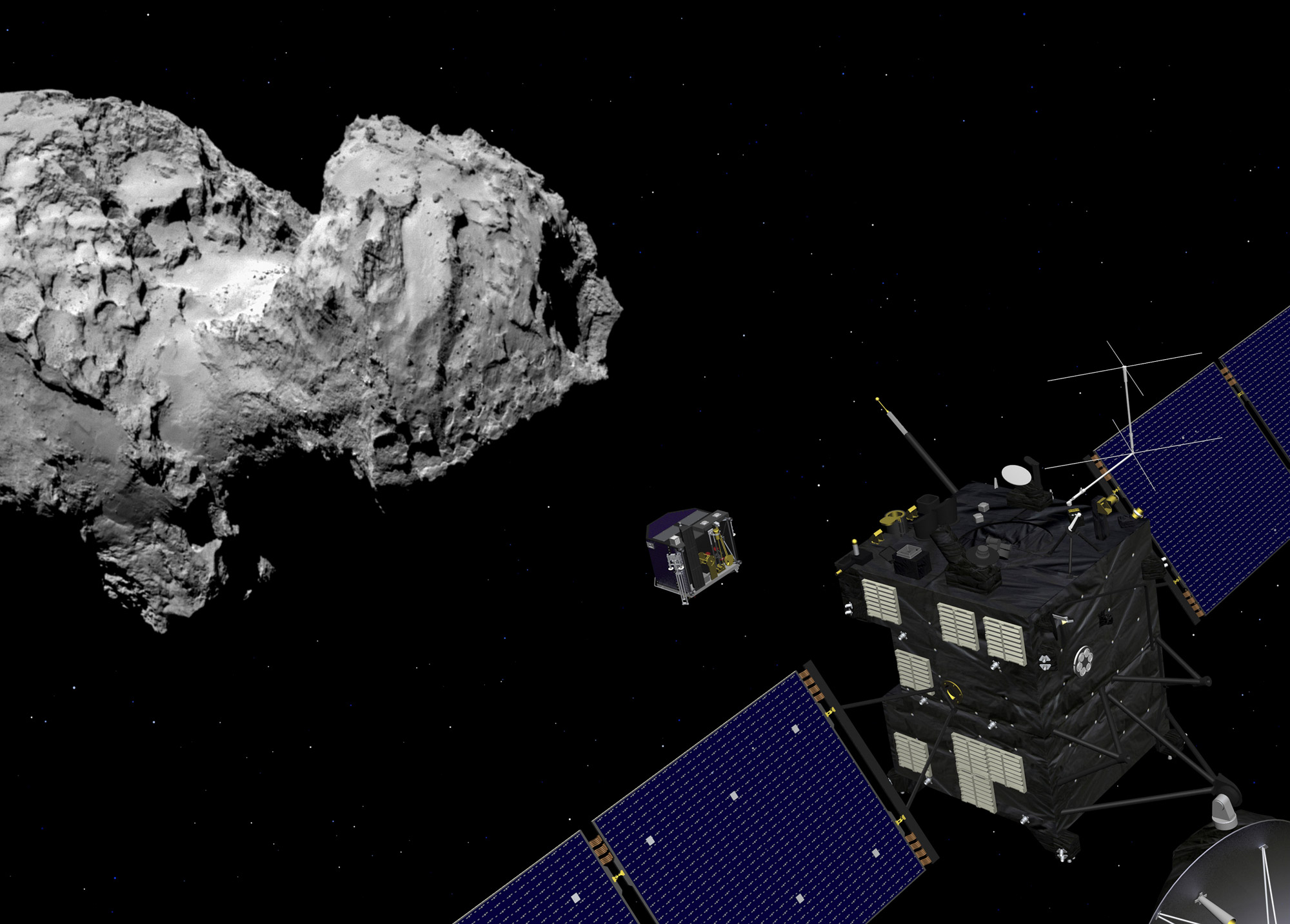 Le dernier pari audacieux de la mission&nbsp;Rosetta est prévu le 30 septembre 2016. Alors que la sonde n'a pas été conçue pour cela, elle tentera de&nbsp;se poser sur la comète Churyumov-Gerasimenko au terme d'une mission qui aura duré plus de 12 ans.&nbsp;© Esa, J. Huart, 2014 ; image comète : Esa, Rosetta, MPS for Osiris Team MPS