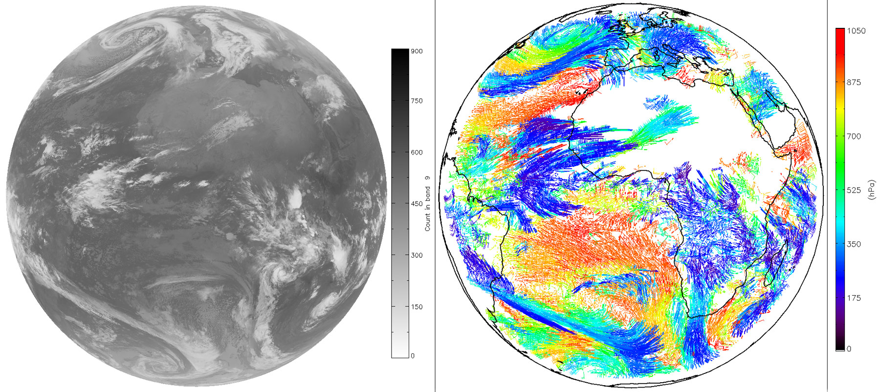 À gauche, une image acquise par l’instrument Seviri à bord du satellite géostationnaire Meteosat de seconde génération, le 5 janvier 2014. À droite, les vents dérivés à partir de cette image, les couleurs représentant l’altitude du vecteur vent. © Eumetsat