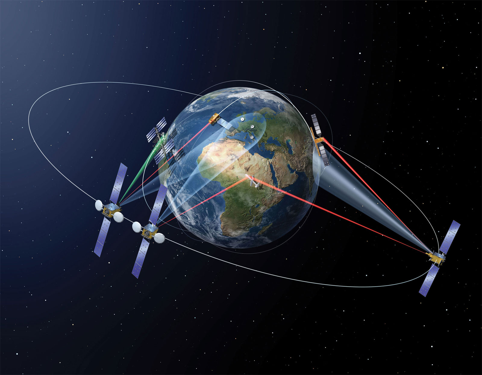Dans l’espace, il sera bientôt possible de connecter des satellites éloignés de plusieurs milliers de kilomètres pour relayer de très grandes quantités de données à un débit élevé. © Airbus Defence &amp; Space