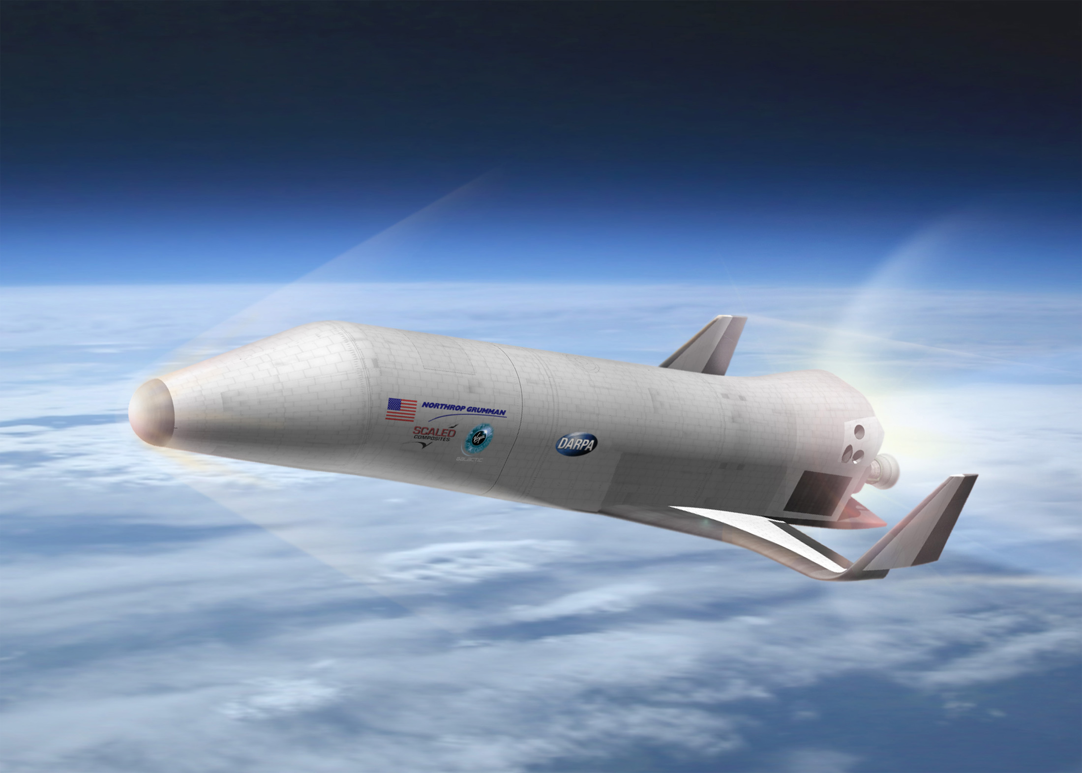 La Darpa (Defense Advanced Research Projects Agency) développe un projet de véhicule suborbital dans le cadre de la première partie du programme XS-1. Ici, le concept proposé par Northrop Grumman, Scaled Composites et Virgin Galactic à l'agence américaine. © Northrop Grumman