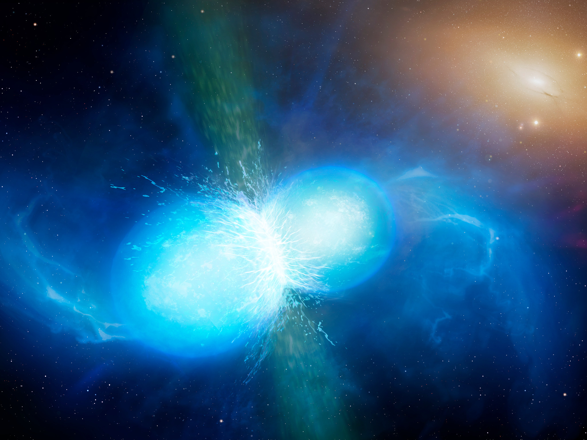 Sur cette vue d’artiste figurent deux étoiles à neutrons de faible dimension mais de densité très élevée sur le point de fusionner et d’exploser en kilonova. Cet événement particulièrement rare devrait se traduire par l’émission d’ondes gravitationnelles et de sursauts gamma courts. L’une et l’autre émissions ont été effectivement observées le 17 août 2017 par Ligo-Virgo et Fermi/Integral respectivement. Diverses observations détaillées menées au moyen des télescopes de l’ESO ont confirmé la nature de cet objet – une kilonova – situé au sein de la galaxie NGC 4993 à quelque 130 millions d’années-lumière de la Terre. Ce type d’objet constitue la principale source d’éléments chimiques lourds, tels l’or et le platine, dans l’Univers. © University of Warwick, Mark Garlick