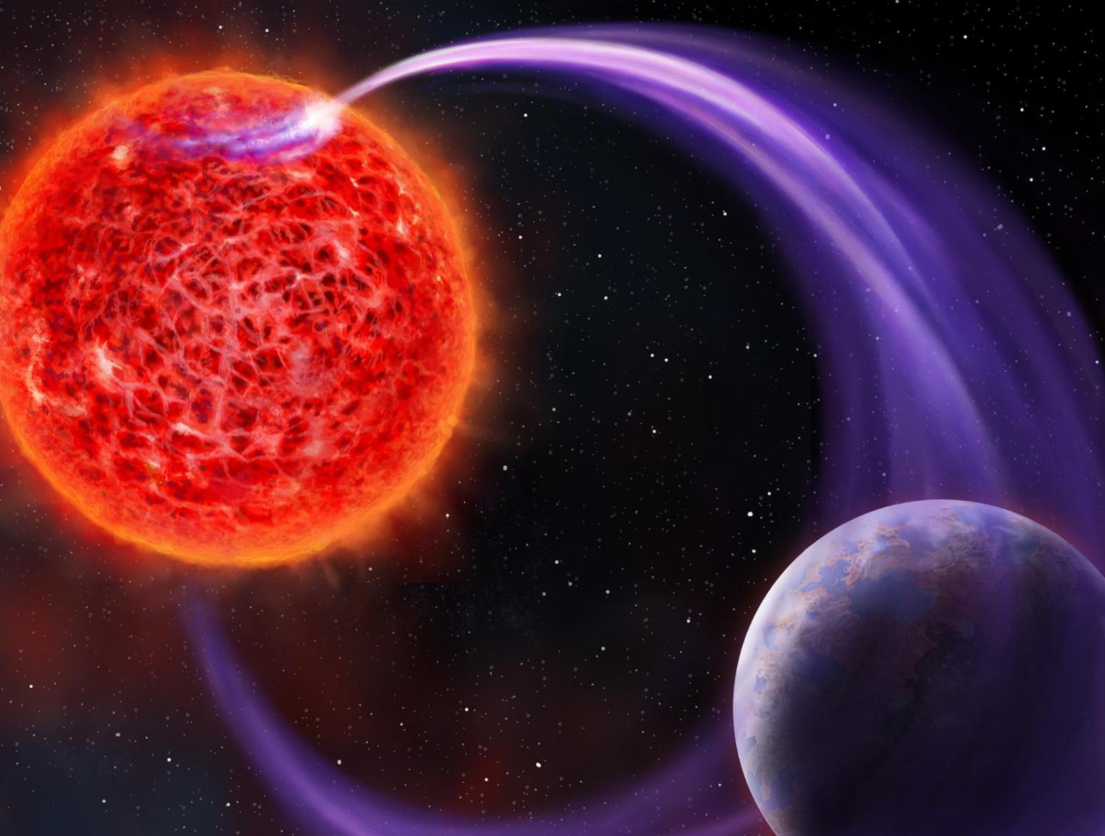 Une vue d'artiste des interactions magnétiques conduisant à des émissions aurorales entre une naine rouge et une exoplanète. © AstronNL
