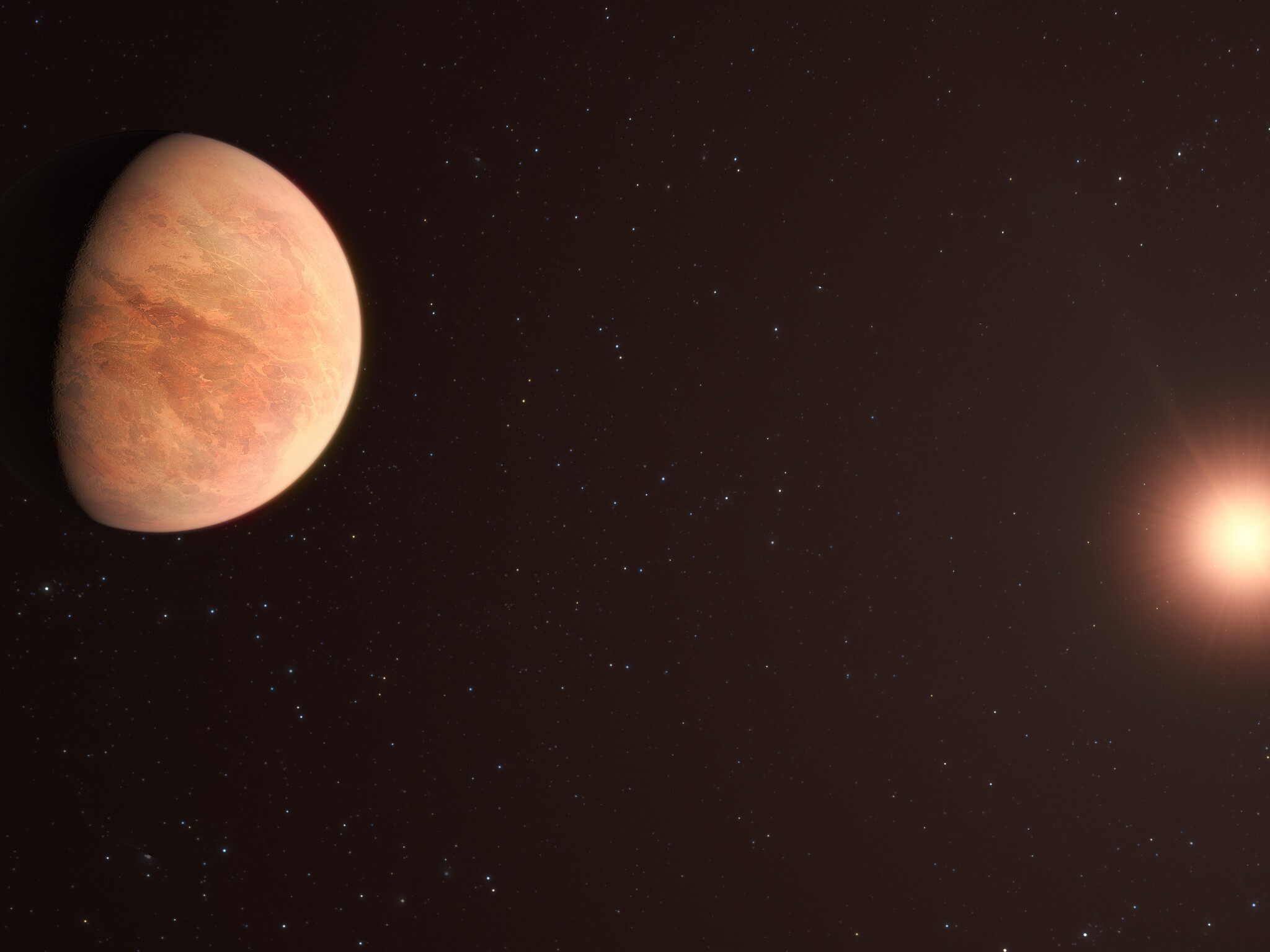 Cette vue d'artiste montre L 98-59b, l'une des planètes du système L 98-59 à 35 années-lumière. Le système contient quatre planètes rocheuses confirmées avec une cinquième potentielle, la plus éloignée de l'étoile, n'étant pas confirmée. En 2021, les astronomes ont utilisé les données de l'instrument Espresso (Echelle SPectrograph for Rocky Exoplanets and Stable Spectroscopic Observations) sur le VLT de l'ESO pour mesurer la masse de L 98-59 b, trouvant qu'elle était la moitié de celle de Vénus. Cela en fait la planète la plus légère mesurée à ce jour en utilisant la technique de la vitesse radiale. © ESO, M. Kornmesser