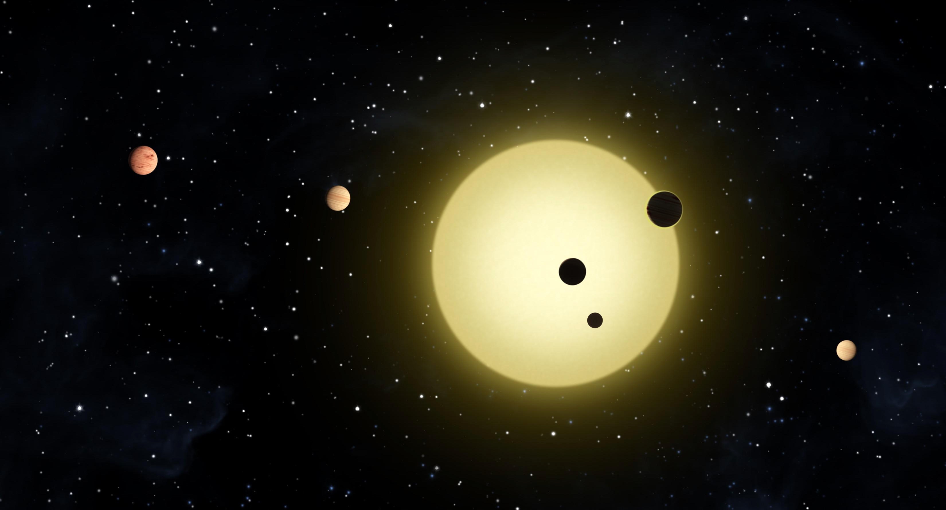 Illustration des planètes en transit devant l’étoile Kepler-11. © Nasa