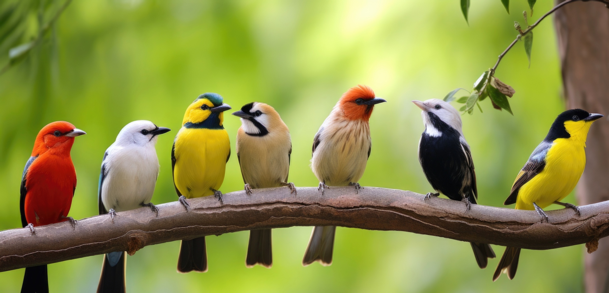 Illustration générée à l'aide d'une IA de plusieurs espèces d'oiseaux réunies sur une branche. © altitudevisual, Adobe Stock