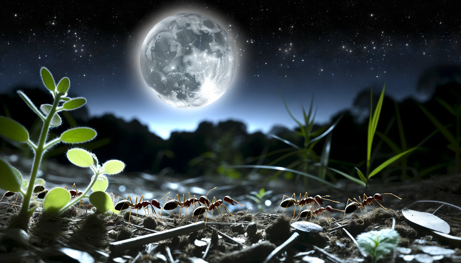 Ces fourmis nocturnes s'orientent grâce à la lumière polarisée de la Lune, même à très faible intensité ! © Dall-E, ChatGPT4, Open AI (illustration générée par IA)