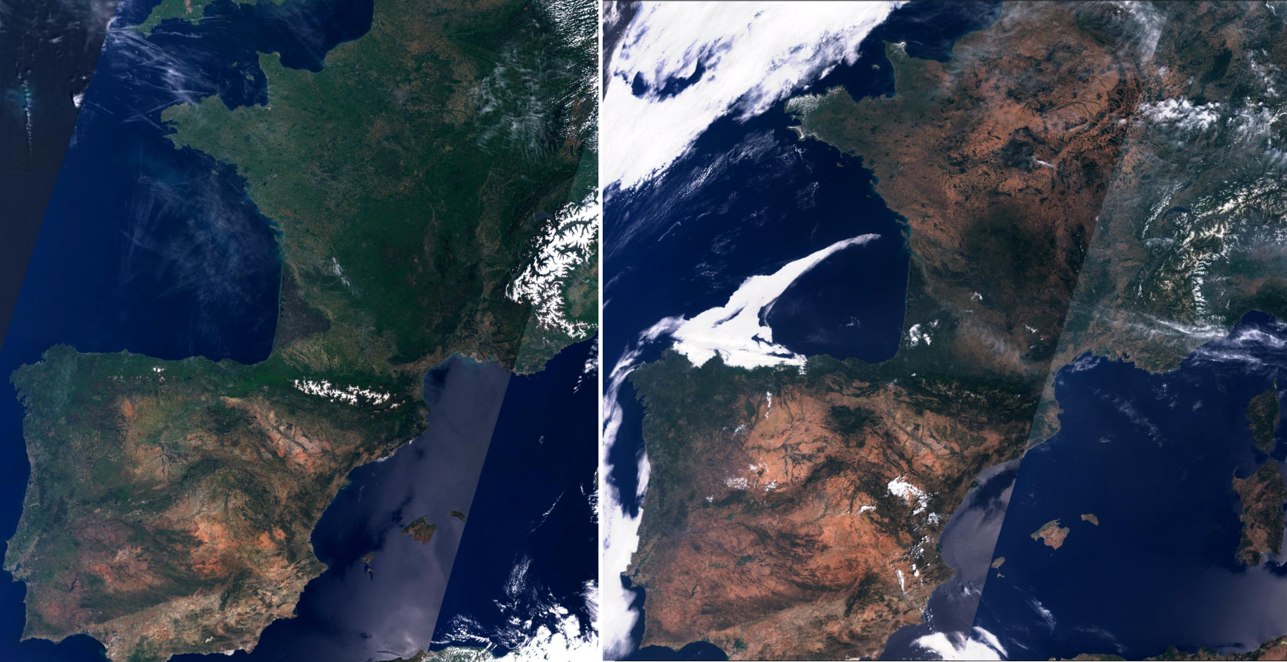 Images satellite de la France et l'Espagne, roussies par les vagues de chaleur et la sécheresse, prises par Sentinel 2 respectivement à la mi-mai 2019 et à la fin juillet 2019, avant et après les épisodes caniculaires de juin et juillet. © ESA, Copernicus