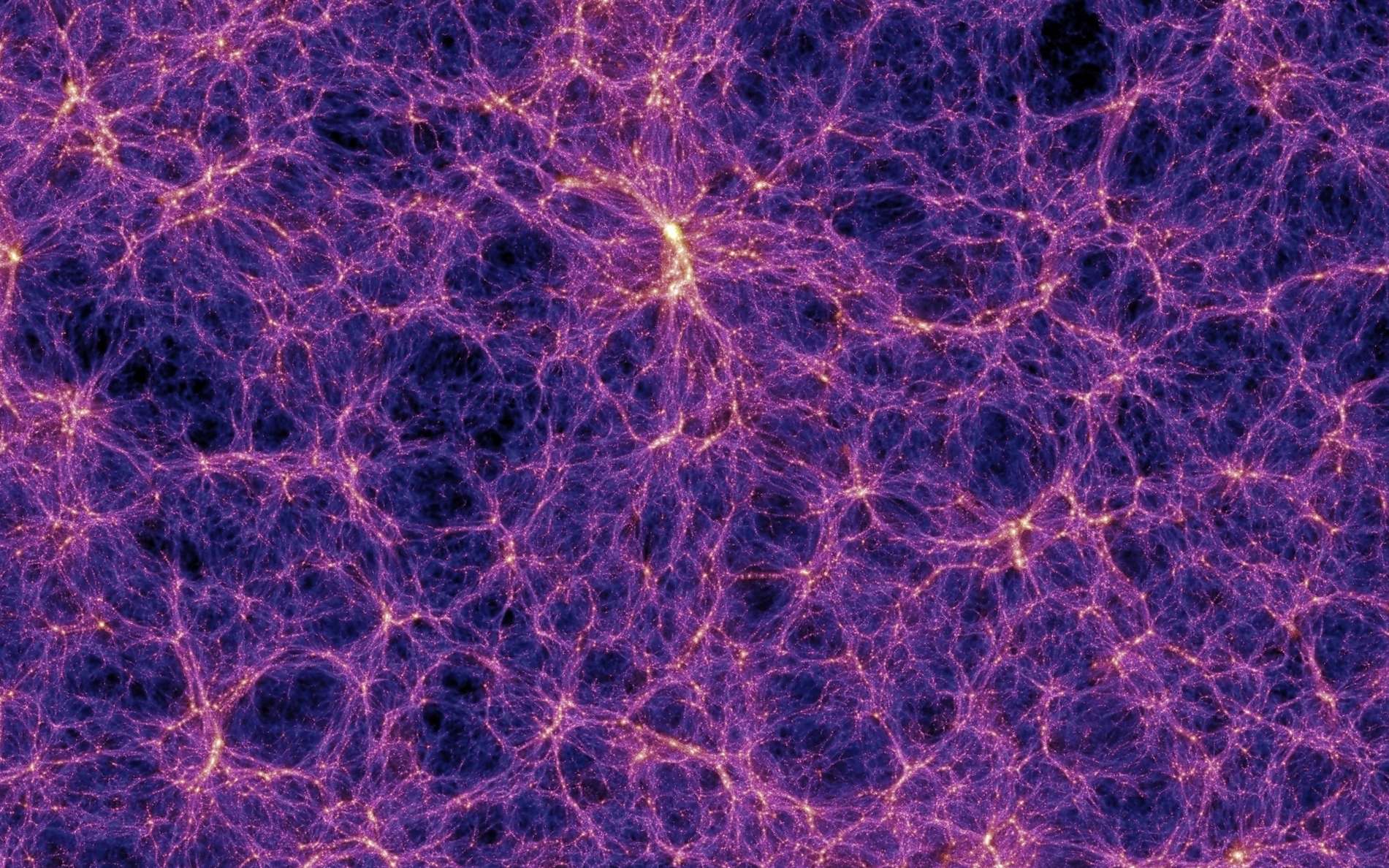 Sur cette image provenant d'une des meilleures simulations de la formation des grandes structures de l'Univers, des filaments de matière noire contenant des superamas de galaxies apparaissent clairement. On note aussi la présence de grands vides que l'on appelle parfois des vides cosmiques (cosmic voids, en anglais). © Max Planck Institute for Astrophysics, Millennium Simulation Project