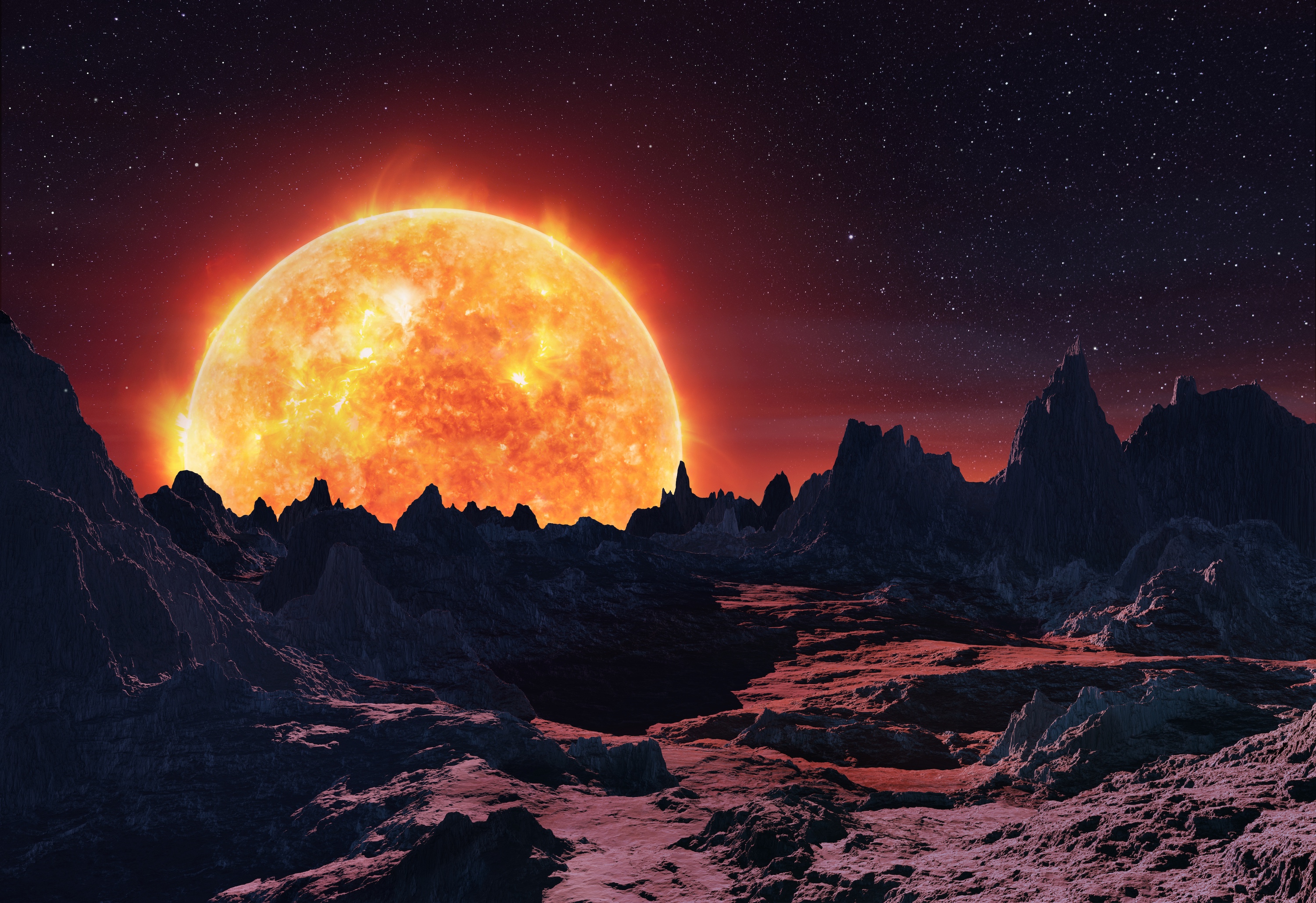 Illustration du lever d'une géante rouge au-dessus d'une planète rocheuse. © Pavel, Adobe Stock