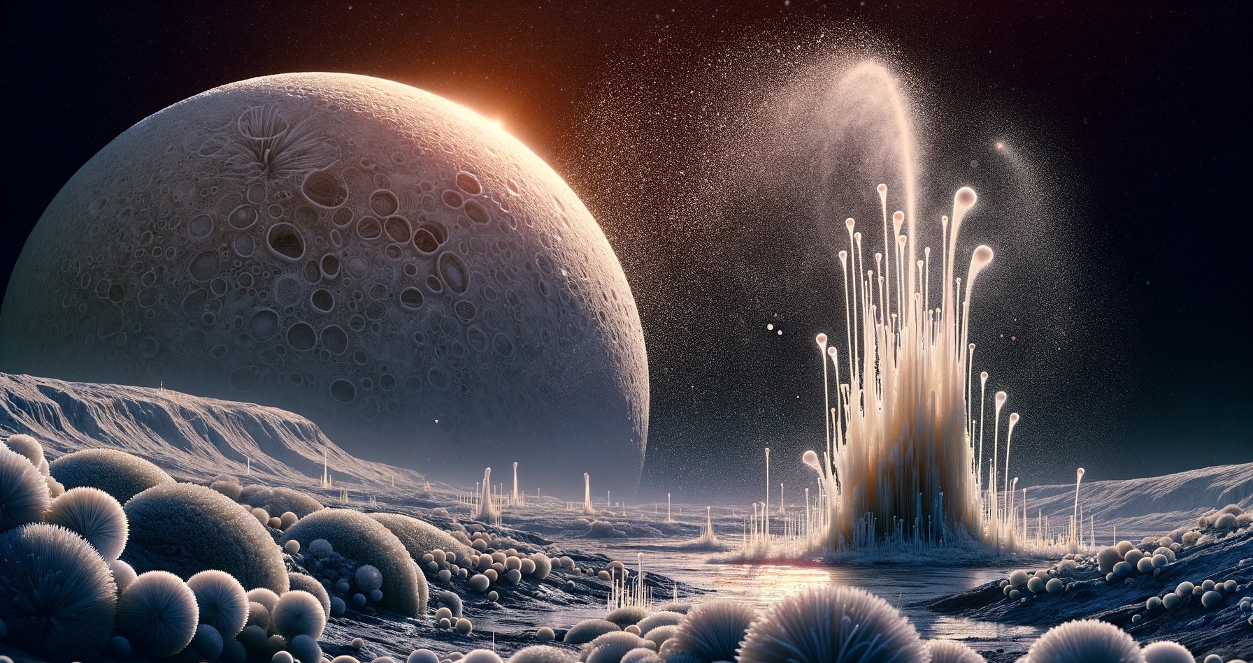 Illustration générée à l'aide d'une IA de geysers jaillissant de la surface d'un monde potentiellement habitable comme Encelade ou Europe, respectivement lune de Saturne et Jupiter. © XD, Futura avec DALL-E