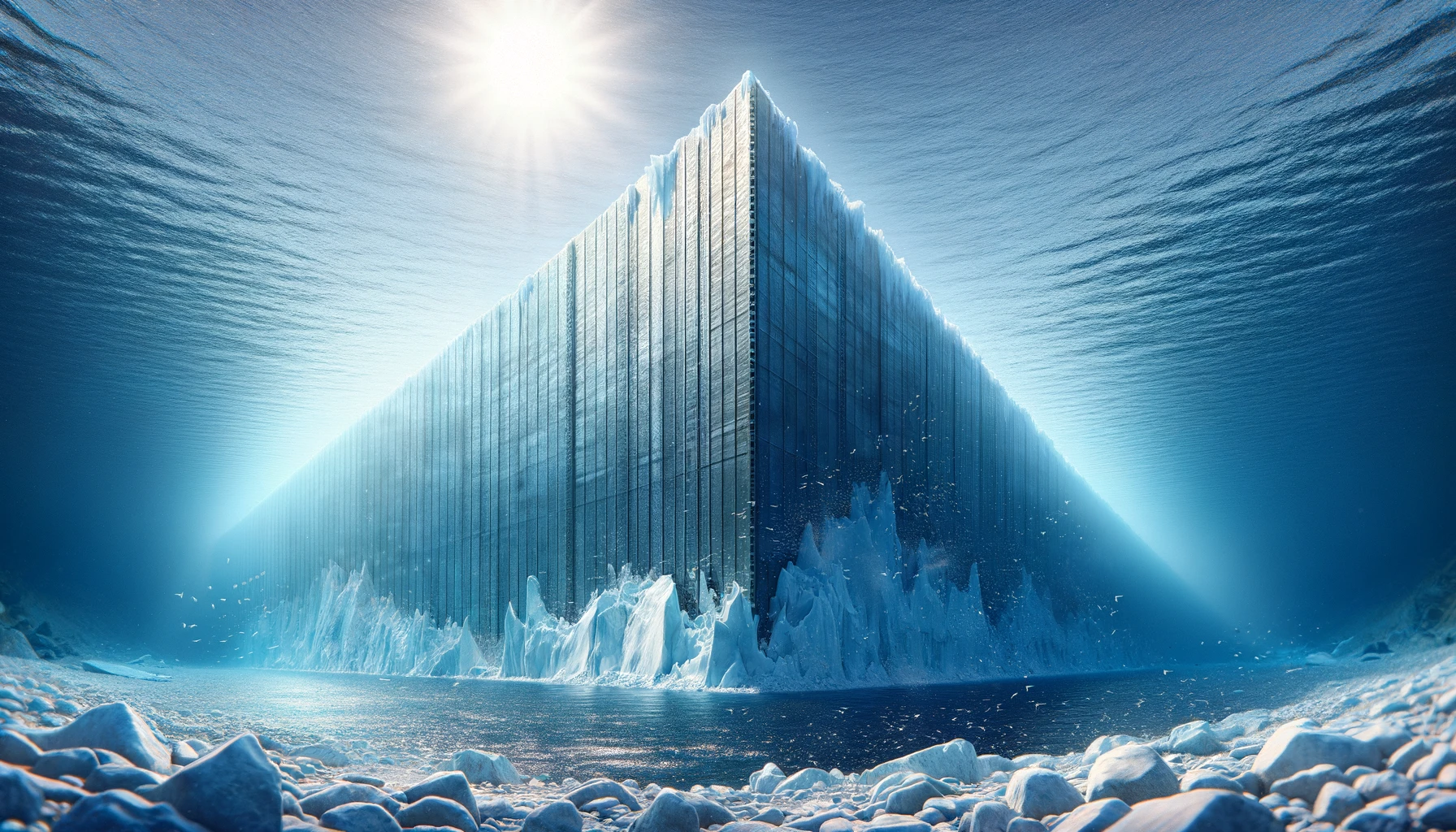 Le glacier de l'apocalypse menace de s'effondrer, et des ingénieurs envisagent de construire un mur de fer pour l'en empêcher. © Open AI, Dall-E (illustration générée par l'IA)