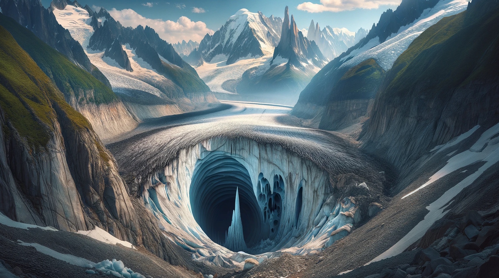Illustration d'une cavité au pied d'un glacier. © XD, Futura avec DALL-E