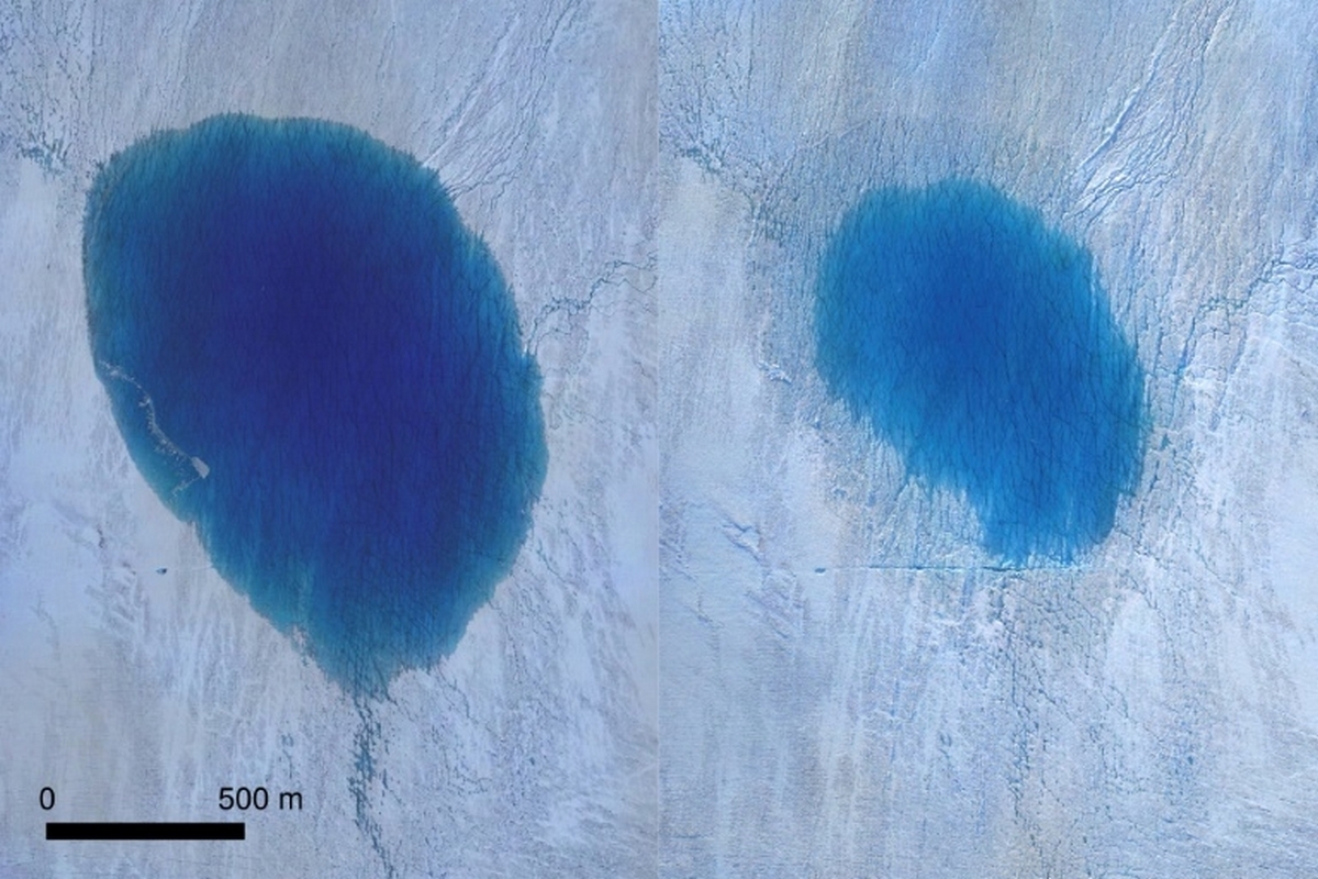 À gauche, le lac du glacier Store au moment où les scientifiques ont commencé leurs observations. À droite, cinq heures plus tard, le lac a perdu deux tiers de sa surface. © Tom Chudley