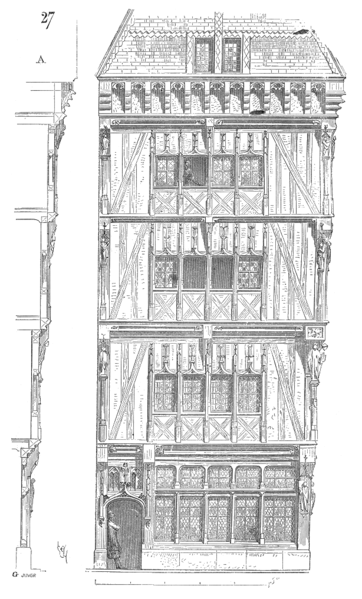 Au XVe siècle, l'encorbellement permet de concevoir des étages de plus en plus larges successivement. © Eugène Viollet le Duc, Domaine Public, Wikimedia Commons