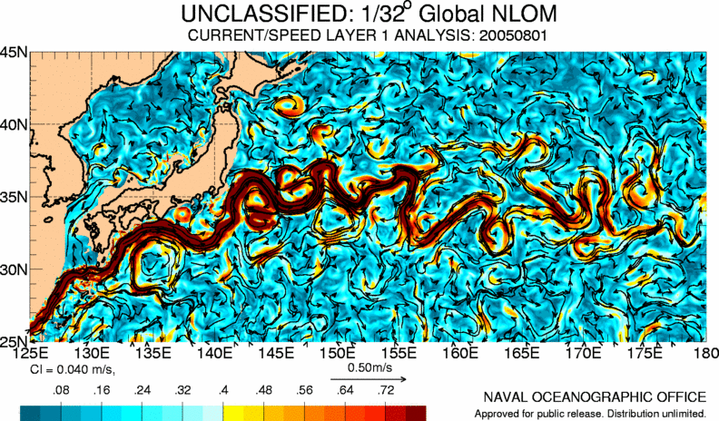 Modélisation de la couche de surface du Kuroshio (en rouge). © US Marine-Naval Research Laboratory, Global NLO Nowcast Forecast, domaine public