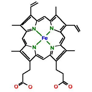 Structure moléculaire de l’hème avec, au centre de la porphyrine, l’atome de fer. © Alan J. Cann CC by-nc-sa 2.0