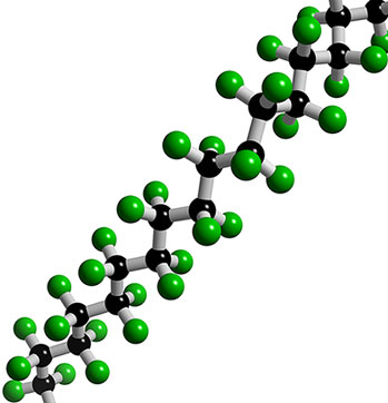Une partie d'une molécule de téflon. En vert les atomes de fluor et en noir ceux de carbone. © Karl Harrison