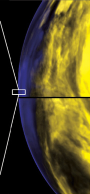 Lancée en 2005, Venus Express, une sonde de l'Esa, étudie l'atmosphère de Vénus. Ici, l'instrument Virtis (Visible and InfraRed Thermal Imaging Spectrometer) s'intéresse à l'analyse spectrale de l'atmosphère au niveau du limbe atmosphérique (dans le rectangle blanc). © Virtis/Venus Express/Esa