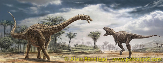 Reconstitution d'une rencontre entre les deux gros dinosaures français de la fin du Crétacé : l'Ampelosaurus et le Tarascosaurus. © Alain Bénéteau