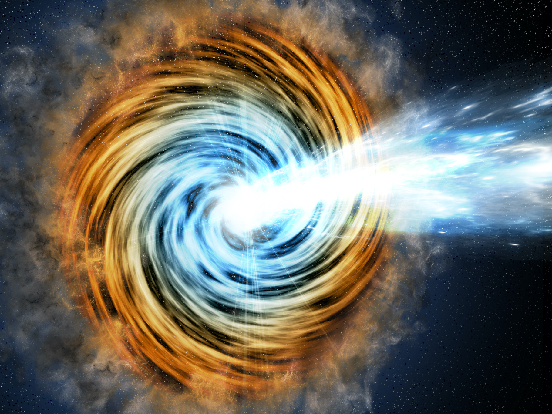 Une vue d’artiste de ce que serait un blazar, un noyau actif de galaxie alimenté par un trou noir supermassif. © M. Weiss/CfA, Nasa