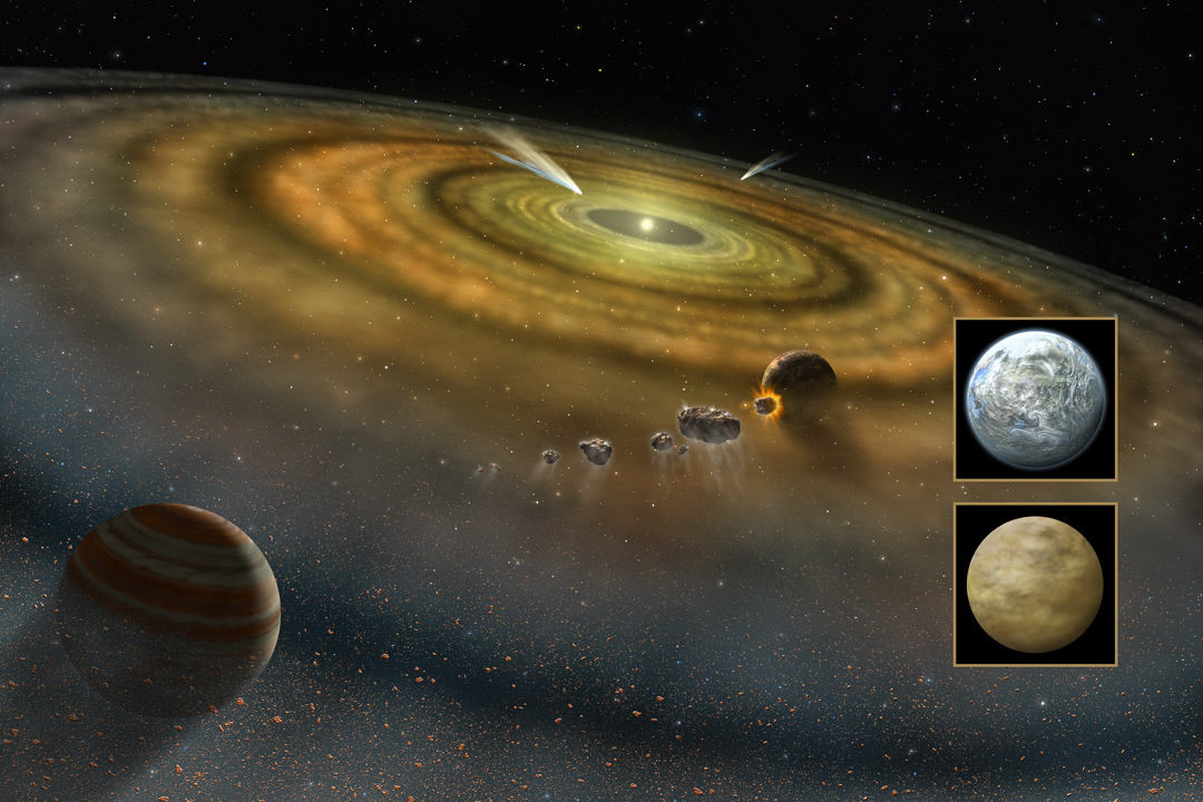 Vue d'artiste d'un disque protoplanétaire, dans lequel des planètes se forment par accrétion. On voit une géante gazeuse, et une planète rocheuse qui ressemblera peut-être à la Terre ou à Vénus. © Nasa, FUSE, Lynette Cook
