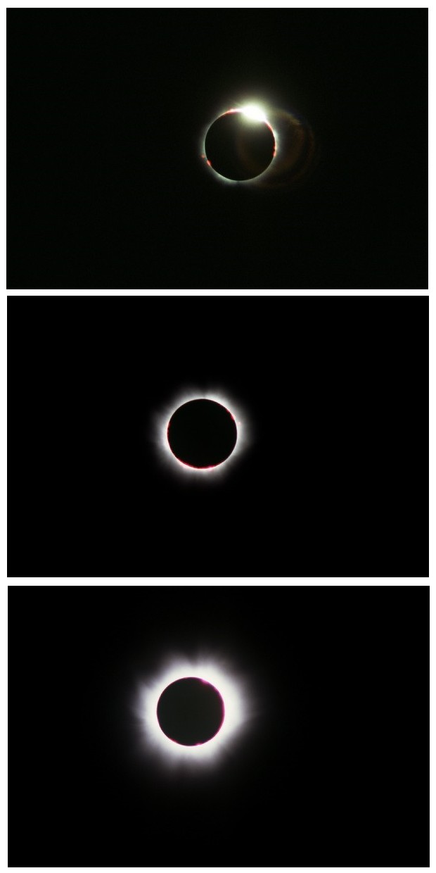 Trois images prises successivement pendant la phase totale. Elles montrent le dernier rayon de lumière solaire puis l'apparition des protubérances et de la couronne. Crédit J-B Feldmann