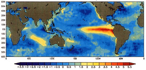 El Niño avait provoqué des anomalies de températures en 1997. Les couleurs chaudes indiquent une anomalie positive (donc une augmentation de température). On observe bien une augmentation de la température au niveau du Pacifique ouest et le long des côtes américaines. &copy; NOAA, domaine public