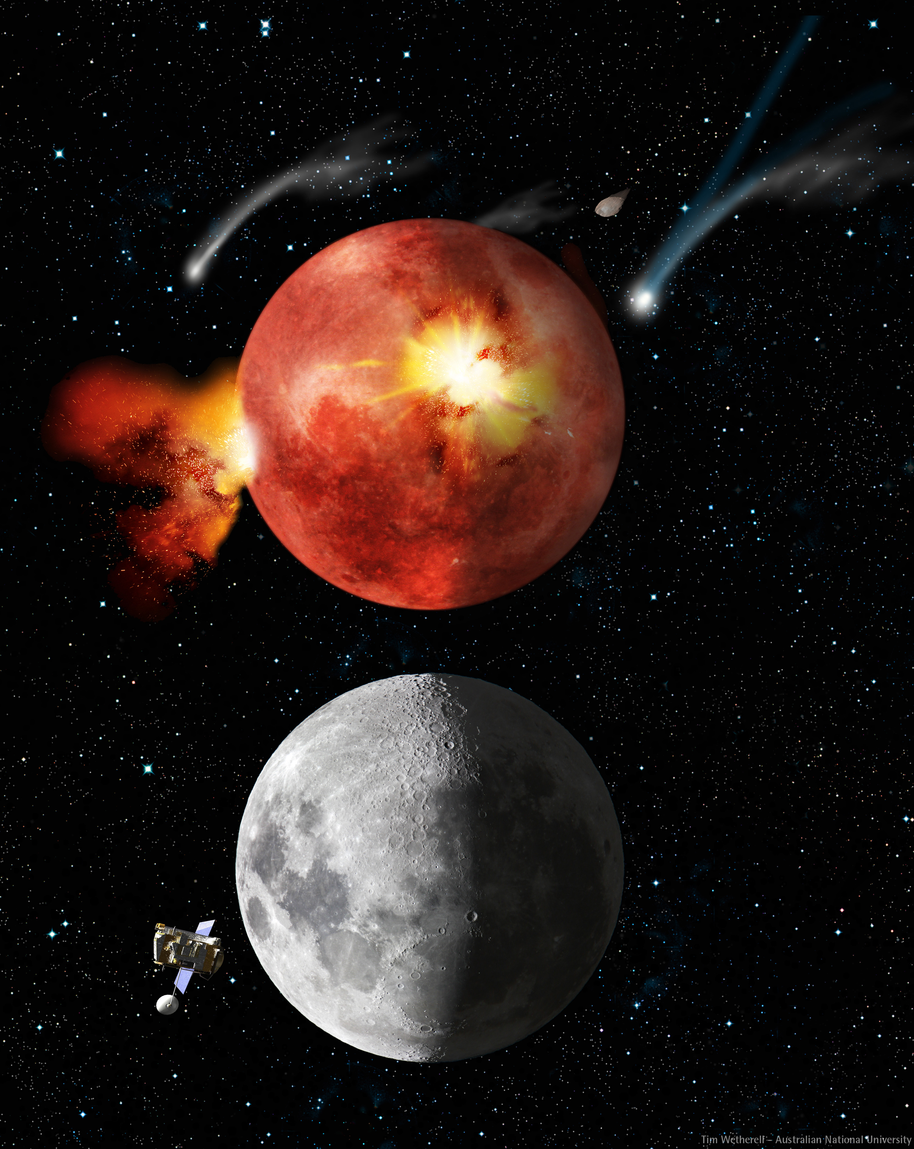 Une impression d'artiste montrant l'effet du LHB sur la Lune (en haut), expliquant la présence de nos jours des mers lunaires (en bas). © Tim Wetherell - Australian National University