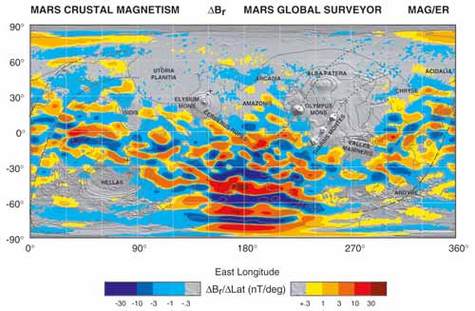 Carte du champ magnétique crustale de Mars établie avec un magnétomètre.