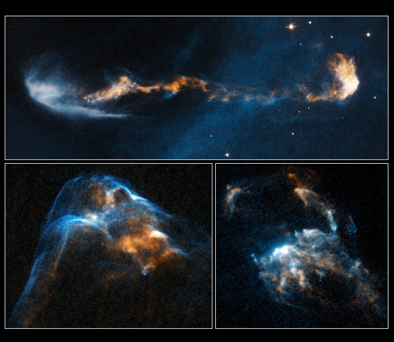 Plusieurs images d'objets de Herbig-Haro vus par Hubble. De haut en bas et de gauche à droite HH 47, HH 34 et HH 2. © Nasa, Esa, P. Hartigan (Rice University)