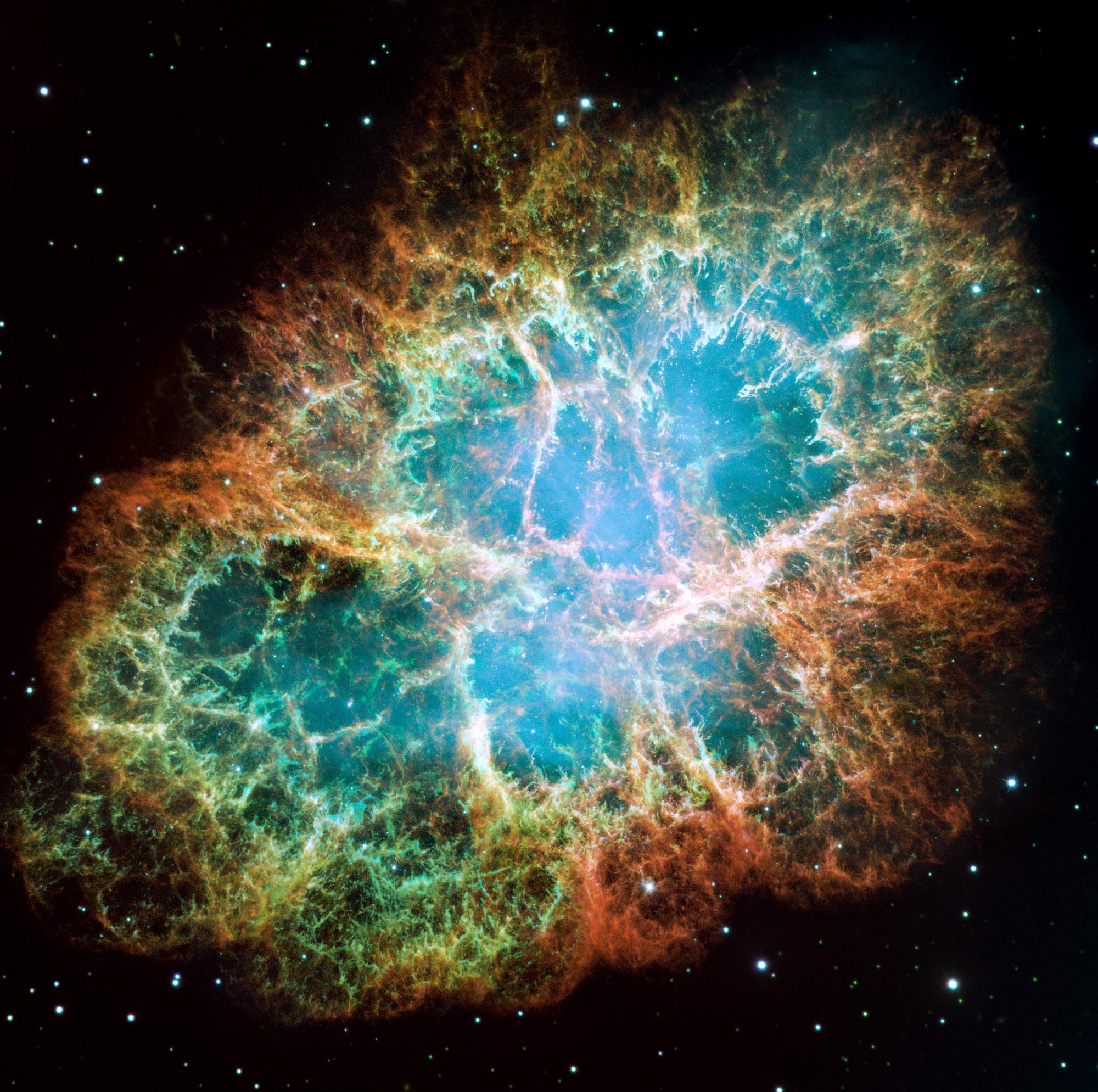 Toute la beauté et la complexité des filaments de gaz qui forment la nébuleuse du Crabe se retrouvent sur cette image réalisée par le télescope spatial Hubble. Crédit Nasa